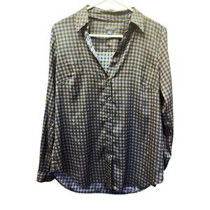 Ann Taylor Medium Navy Orange Check Blouse 100% Polyester Career Shirt